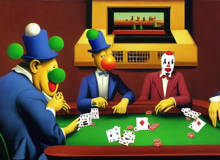 Image similar to The Clown Frog King gets completely wiped out in a game of poker, painting by René Magritte and Robert Crumb and Ralph McQuarrie