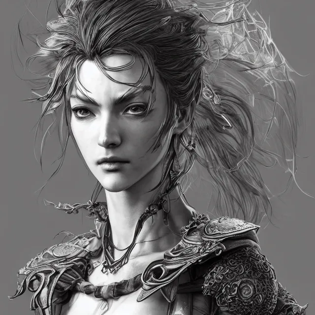 Image similar to the portrait of neutral evil fallen female knight vagabond as absurdly beautiful, gorgeous, elegant, sophisticated, woman, an ultrafine hyperdetailed illustration by kim jung gi, irakli nadar, intricate linework, bright colors, octopath traveler, final fantasy, unreal engine 5 highly rendered, global illumination, radiant light, detailed and intricate environment