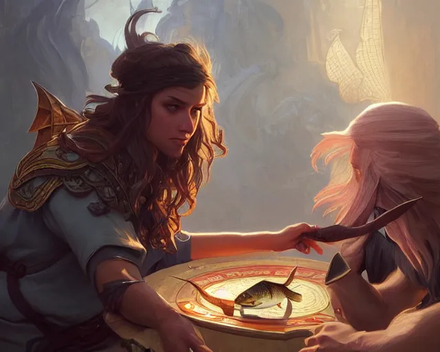 Image similar to slapping a man with a fish, deep focus, d & d, fantasy, intricate, elegant, highly detailed, digital painting, artstation, concept art, matte, sharp focus, illustration, hearthstone, art by artgerm and greg rutkowski and alphonse mucha