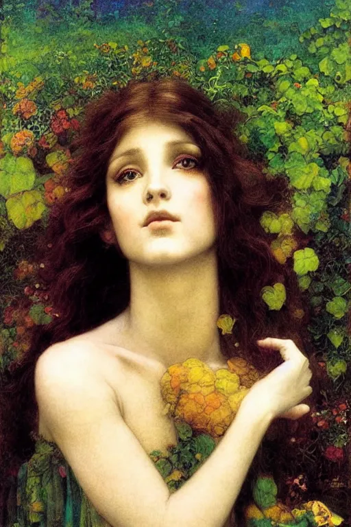 Prompt: headshot portrait of a beautiful faerie, golden ratio, detailed, rainbowshift, by maxfield parrish, john william waterhouse, brian froud