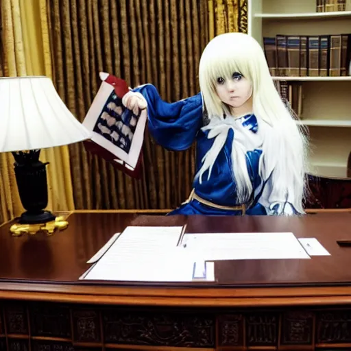 Image similar to a person cosplaying griffith from berserk manga by kentaro miura sitting at oval office desk with american flag