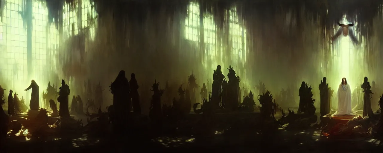 Image similar to the second coming of jesus christ, intricate concept art, ethereal, ominous, dramatic lighting, Ruan Jia and Jeremy Mann and Alphonse Mucha