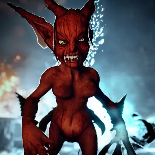 Image similar to a cute, enraged elf with violent skin reflecting a fiery scene, a scarred face, a bob haircut, and bushy eyebrows, grinning, with hell aflame behind them, in the style of gary frank and rafael albuqurque, rendered in unreal engine