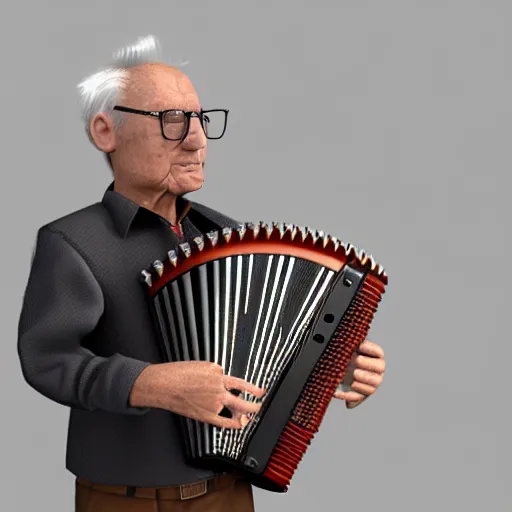 Prompt: an old man with an accordion replacing his neck, he's wearing a cylinder, a very hunched back, 4K 3D render, stylized