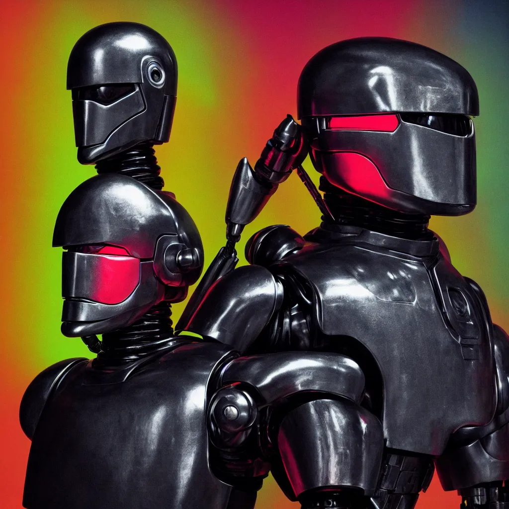 Prompt: An Alec Soth portrait photo of Robocop, rembrandt lighting, vibrant color background