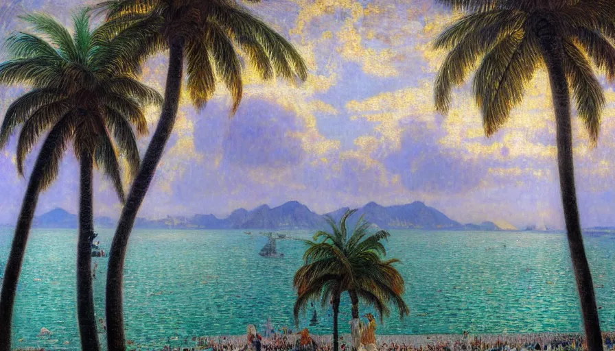 Image similar to a ultradetailed beautiful painting of the thunderstorm sky of the rio de janeiro palace balustrade designed by jules bastien - lepage, tarsila do amaral, frank weston and gustave baumann, beach, trending on artstation, mediterranean, palm trees, sharp focus, colorful refracted sparkles and lines, soft light, 8 k 4 k