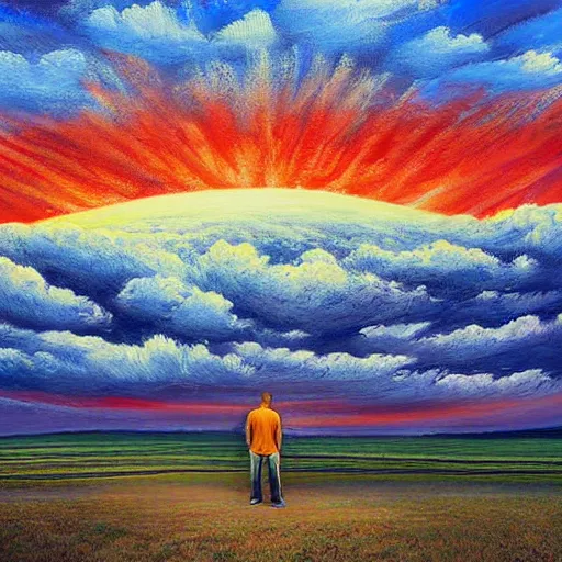 Image similar to a man standing in a open field with a rift in the sky, wide angle shot, hd, intricate detail, painting