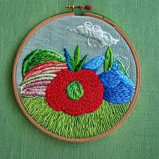 Image similar to a tiny beautiful handmade embroidery of a vegetable patch. hand embroidery.