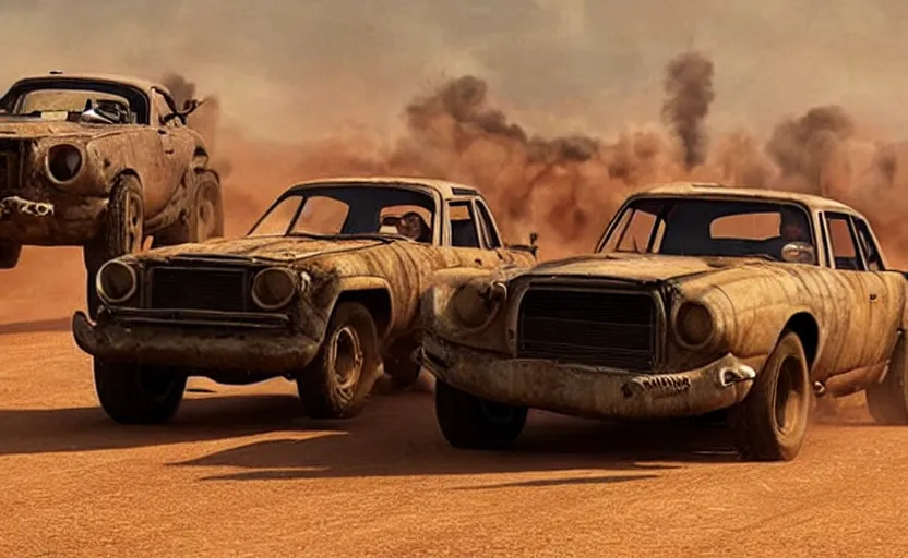 Image similar to mad max cars in a pixar movie