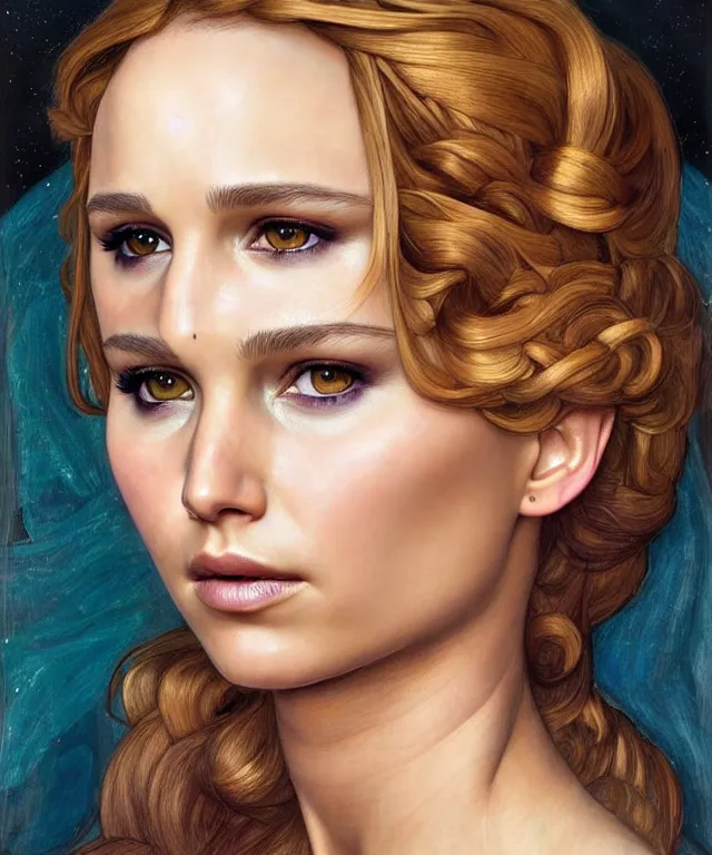 Image similar to half nathalie portman half Jennifer lawrence a fantasy magic woman portrait by Sandro Botticelli, oil painting masterpiece, sci-fi, amber eyes, face, long hair, fantasy, intricate, elegant, highly detailed, digital painting, artstation, concept art, smooth, sharp focus, illustration, art by artgerm and greg rutkowski and alphonse mucha