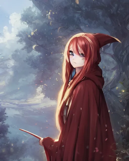Prompt: a very beautiful anime girl, full body, long red hair, full round face, short smile, cloak with hood, fantasy town setting, cinematic lighting, medium shot, mid-shot, highly detailed, trending on Artstation, Unreal Engine 4k, cinematic wallpaper by Stanley Artgerm Lau, WLOP, Rossdraws, James Jean, Andrei Riabovitchev, Marc Simonetti, and Sakimichan