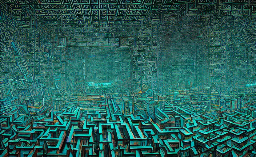 Image similar to interior of an elaborate labyrinth of runic cubes, dark teal, endless maze - like runes, sharp high detail, masterpiece by satoshi kon, crystal cubism, greeble, tesseract, darksynth, high definition