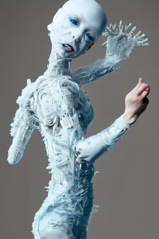 Image similar to full head and shoulders ballerina, monster with 3 d smooth, long blue hair, delicate facial features, white eyes, white lashes, detailed white, lots of 3 d cyborg elements, prosthetic, anatomical, all white features on a white background, by daniel arsham and james jean