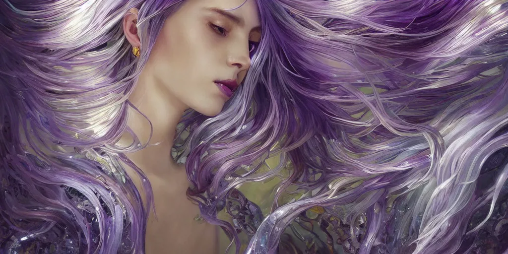 Image similar to wide angle, opulescent purple panther, metallic silver and ice color reflected crystal hair, leaping from willow tree, fantasy, intricate, very beautiful, elegant, golden light, highly detailed, digital painting, artstation, concept art, smooth, sharp focus, unreal engine, art by wlop and tian zi and alphonse mucha