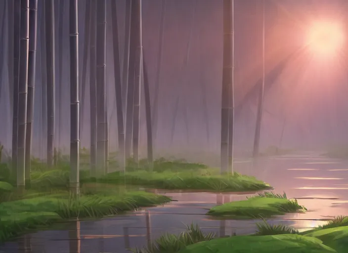 Image similar to deep in a misty japanese bamboo forest, small river, mountain background, sunny, cartoony, stylized anime, sun rays, soft, moody lighting, by hayao miyazaki, ghibli studio, makoto shinkai, toei animation, studio trigger, trending on artstation, 4 k, hd