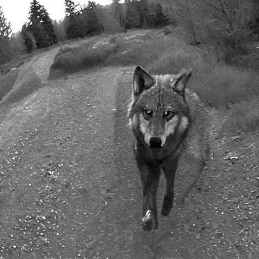 Prompt: trailcam footage of humongous wolf at night