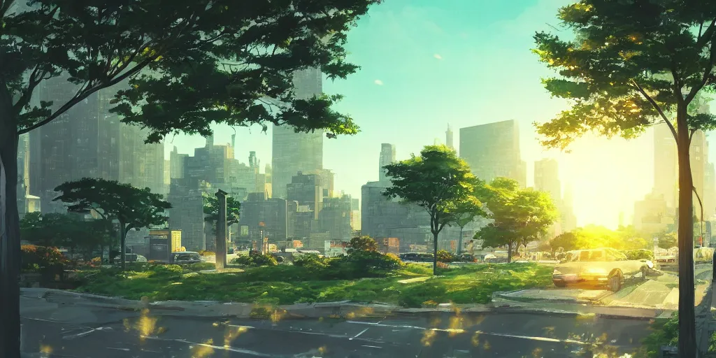 Image similar to dream fantasy new york city, more greens, lanscape, modern, sunset, dusk, perspective, street view, art by makoto shinkai