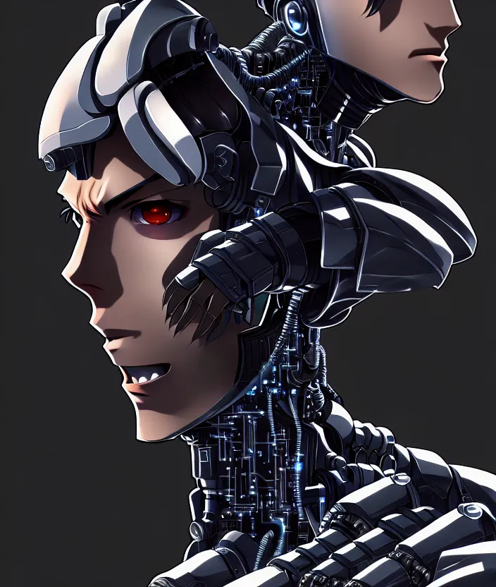 Prompt: a detailed manga illustration character full body portrait of a dark haired cyborg anime man, half of his face is cybernetic, trending on artstation, digital art, 4 k resolution, detailed, high quality, sharp focus, hq artwork, insane detail, concept art, character concept, character illustration, full body illustration, cinematic, dramatic lighting