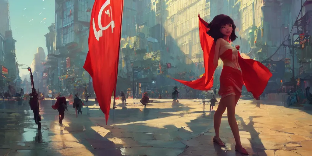 Prompt: gorgeous bright girl holding a red flag wading through fractal city and crowd by Craig Mullins, ilya kuvshinov, krenz cushart, artgerm trending on artstation by Edward Hopper and Dan Mumford and WLOP and Rutkovsky, Unreal Engine 5, Lumen, Nanite