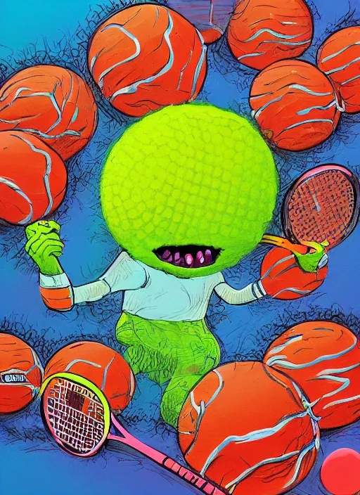 Prompt: tennis ball monsters playing tennis, a tennis ball monster ,tennis ball, funny, digital art, fantasy, magic, trending on artstation, ultra detailed, professional illustration,chalk, poster artwork by Basil Gogos , clean