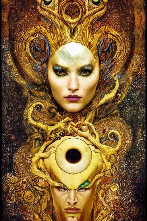 Prompt: Intermittent Chance of Chaos Muse by Karol Bak, Jean Deville, Gustav Klimt, and Vincent Van Gogh, trickster, enigma, Loki's Pet Project, Poe's Angel, Surreality, inspiration, imagination, muse, otherworldly, fractal structures, arcane, ornate gilded medieval icon, third eye, spirals