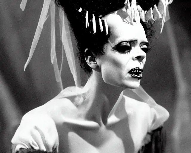 Image similar to bride of frankenstein as lydia in beetlejuice, 1 9 8 8, cdx