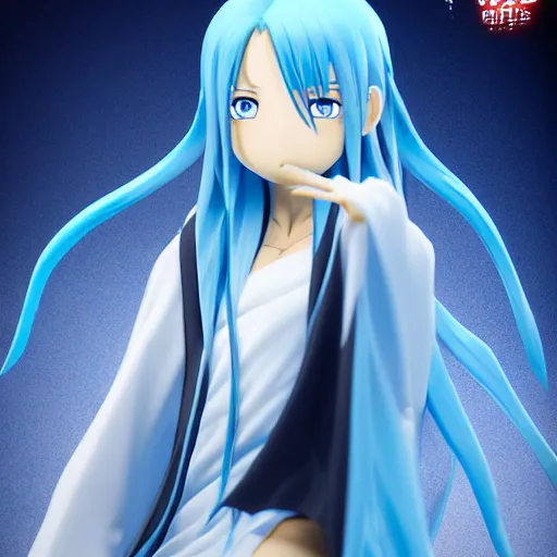 Image similar to rimuru tempest from tensei shitara slime datta ken, regal, with blue long hair, white robes, red eyes, beautiful young face, highly detailed, 8 k, octane render, trending on cgsociety