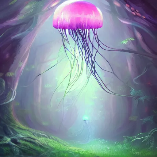 Image similar to a magical forest filled with floating glowing jellyfish, concept art, digital painting, deviantart, artstation