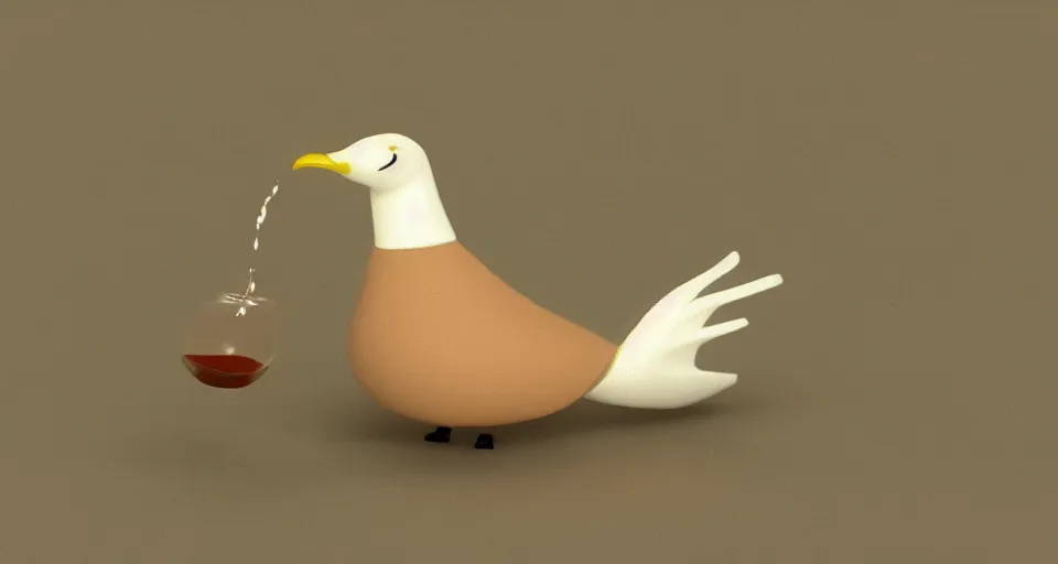 Image similar to seagull drinking a bottle of soy sauce, clay animation, highly detailed