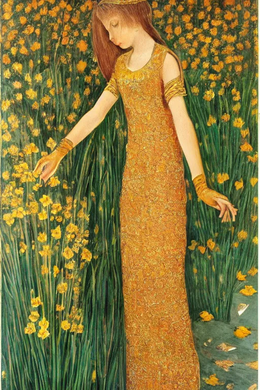 Prompt: girl waer detailed golden arabesque dress with a lot of narcissus in persian pot, painting by alberto mielgo
