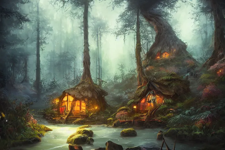 Prompt: detailed painting of fairy huts in the moosy forest clearing near waterfall, in the style of peter mohrbacher, james jean, artgerm, dramatic lighting and composition, surreal background, octane render, pixar, trending on artstation, concept art, comic book, 8 k