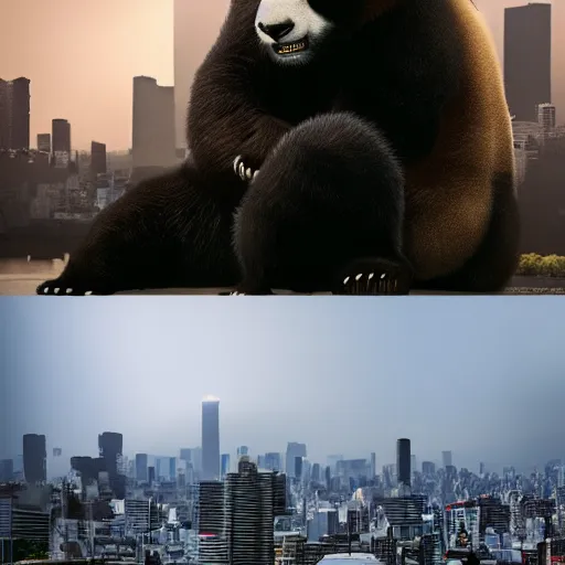 Image similar to giant panda destroying tokyo in the style of the movie godzilla, cinematic lighting framing and shadows