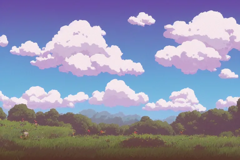 Prompt: landscape, summer, morning, beautiful cloud, quiet, no people, Ghibli, Anime Background, Miyazaki Hayao, concept art, illustration,smooth, sharp focus, intricate, super wide angle, trending on artstation, trending on deviantart, pixelart, pixelperfect, pixel art, pixel, color limit