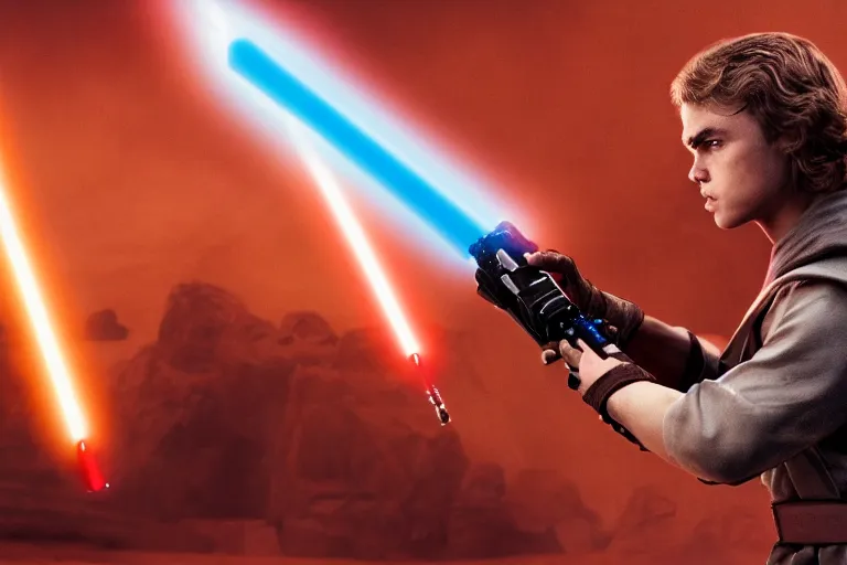 Image similar to Anakin Skywalker lightsaber duel against sand, high detailed, cinematic, film, scene, cinematic lighting, high resolution, 8k, hd
