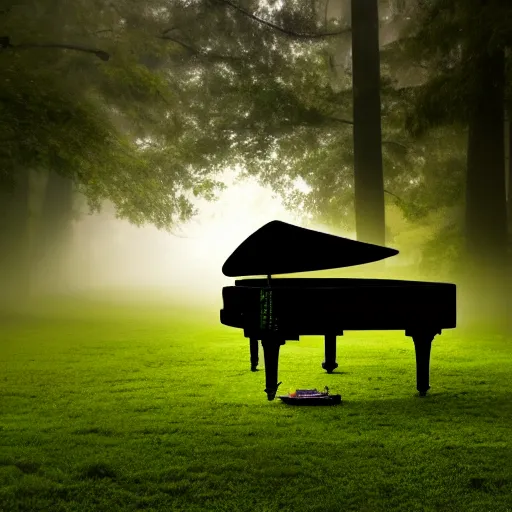 Prompt: a giant grand piano fading into the green fog, dramatic