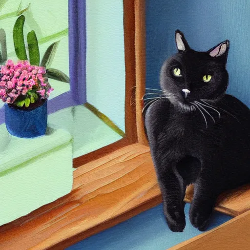 Prompt: peaceful dreamy painting of a content black cat sitting by a window, detailed face, sunshine coming through the window, small plants on the window sill, 4k resolution, highly detailed