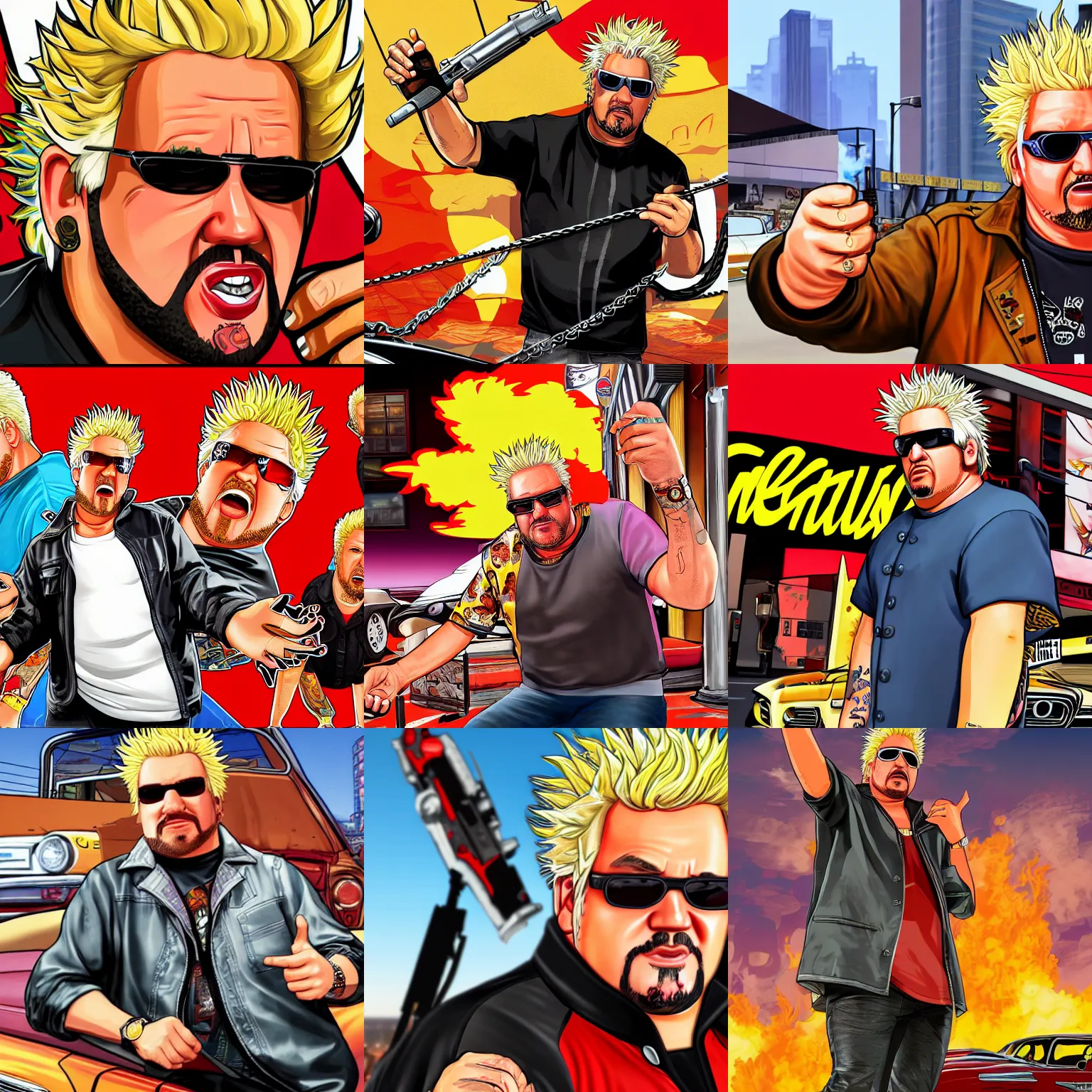 Prompt: guy fieri in gta v promotional art by stephen bliss, no text, very detailed, professional quality