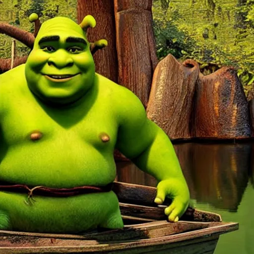 Prompt: shrek on a boat in a swamp