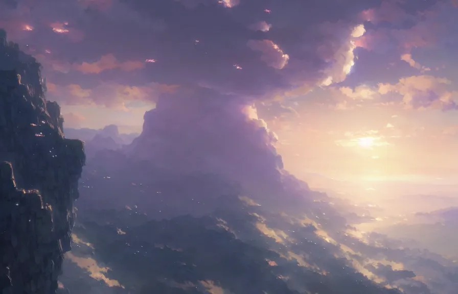 Image similar to makoto shinkai concept art of the cloud cliff dimension, key visual, ambient lighting, highly detailed, digital painting, artstation, concept art, sharp focus, by makoto shinkai and akihiko yoshida and hidari and wlop and greg rutkowski