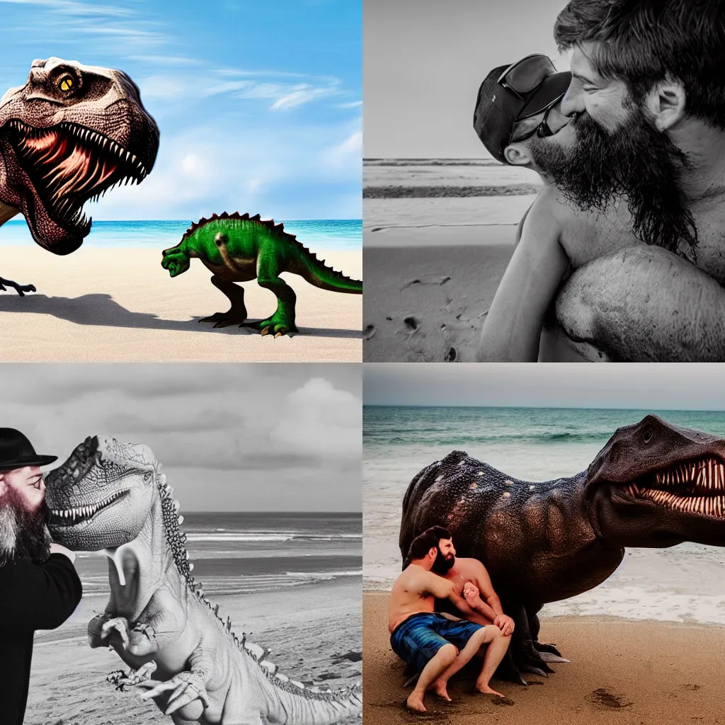 Prompt: a dinosaur kissing a bearded man on beach