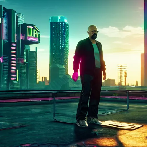 Image similar to walter white from breaking bad in cyberpunk 2 0 7 7 with futuristic city, 4 k, hyper realistic, synthwave, vapor wave, futuristic, advanced