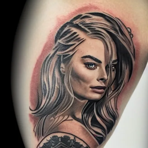 Image similar to face morph tattoo design of margot robbie with beautiful mountain scenery, in the style of arlo dicristina, amazing detail, mash up