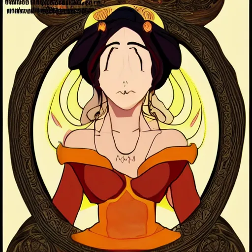 Prompt: anime art nouveau portrait of Fire Lady Katara in the style of JM Animation, symmetrical