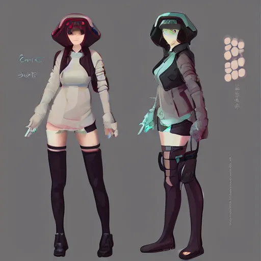 Prompt: character sheet cute girl hacker, digital art by wlop. character design concept art. artstation contest winner, blade runner, scifi, candy girl