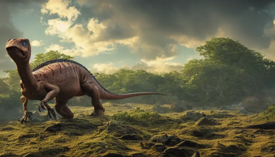 Prompt: hyper realistic highly detailed nature photography of a dinosaur, prehistoric planet, volumetric lighting, octane render, 4 k resolution, golden hour