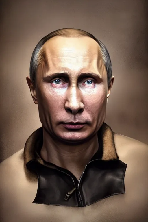 Prompt: hyperrealistic painting of Vladimir Putin wearing an oxygen mask on a death bed inhaling from Copium tank, dimly lit cozy tavern, leather tunic, confident relaxed pose, d&d, stunning 3d render inspired art by Tim Okamura and Lise Deharme + perfect facial symmetry + dim volumetric lighting, 8k octane beautifully detailed render, post-processing, extremely hyperdetailed, intricate, epic composition, grim yet sparkling atmosphere, cinematic lighting + masterpiece, trending on artstation, very very detailed, masterpiece, stunning