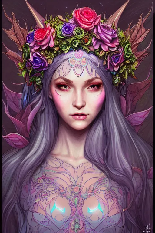 Prompt: digital art, centered full body elven bride, vivid flower crown ,intricate, veins, by James Jean and by artgerm , ultradetailed, charachter design, concept art, trending on artstation,