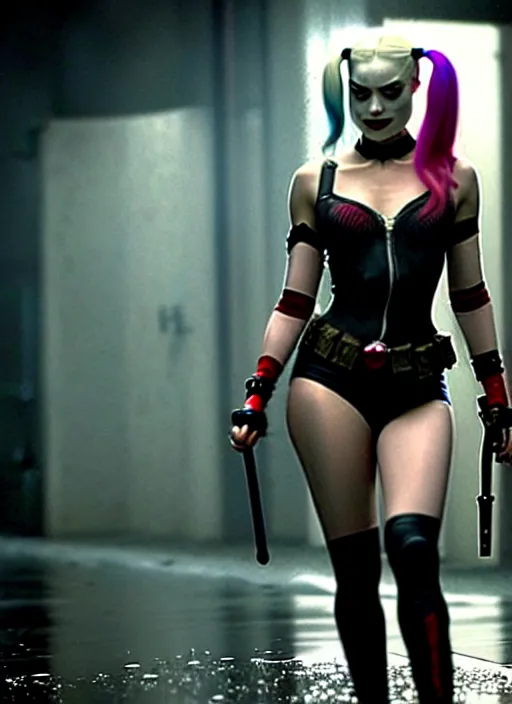 Image similar to 2 8 mm photo of beautiful suicide squad happy margot robbie with long white hair that looks like harley quinn standing on the wet street of dystopian gotham city at night, angry frown, seductive camisole, pinup model, glamour fashion pose, cinematic, volumetric lighting octane, ridley scott,