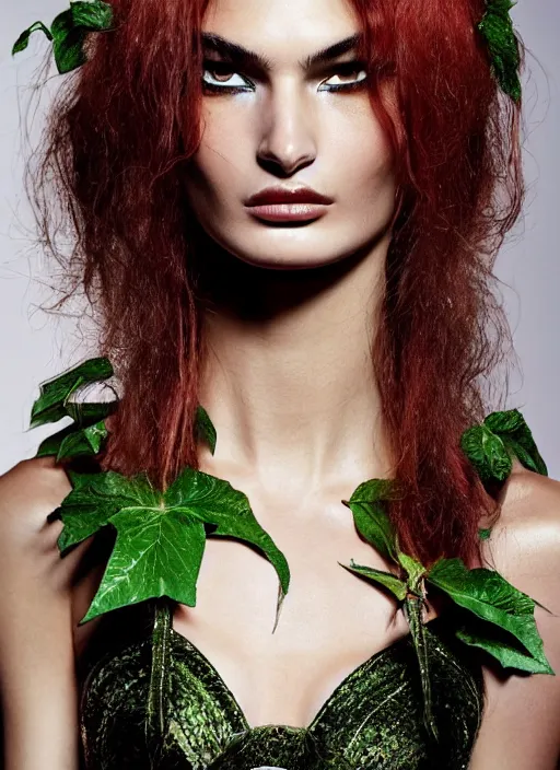 Image similar to A beautiful portrait of Ophelie Guillermand as Poison Ivy from Batman as a Versace fashion model Spring/Summer 2012, highly detailed, in the style of cinematic, Getty images, Milan fashion week backstage, Makeup by Pat McGrath, Greg rutkowski