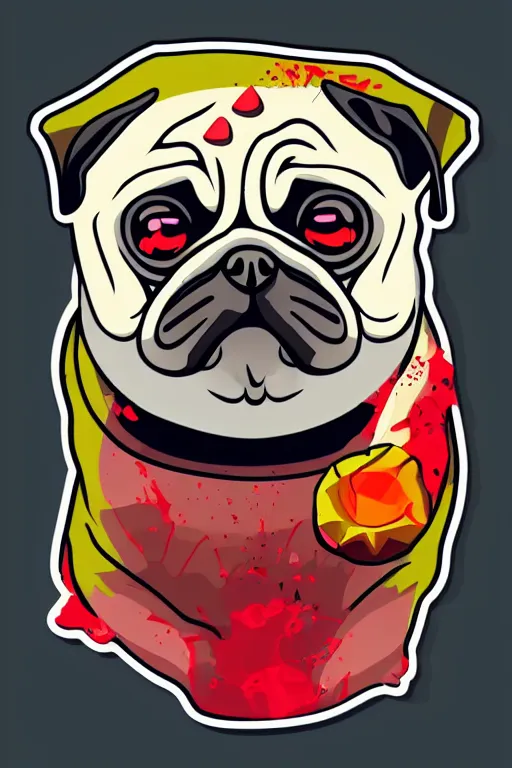 Image similar to Evil pug, sticker, blood thirsty, blood, evil, colorful, illustration, highly detailed, simple, smooth and clean vector curves, no jagged lines, vector art, smooth